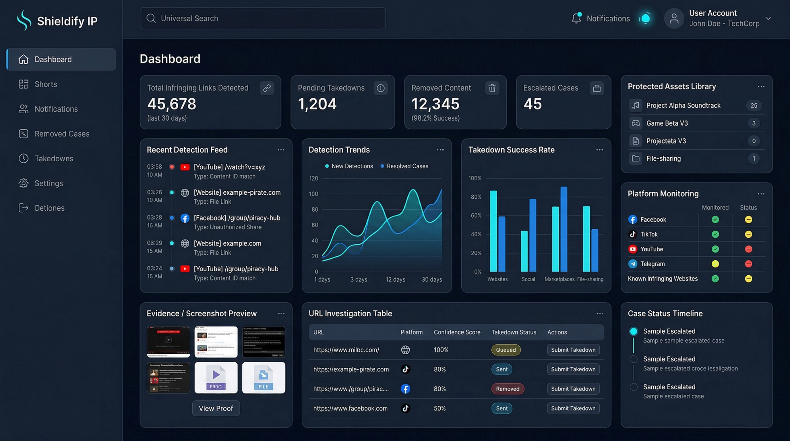 Shieldify IP Anti-Piracy dashboard preview